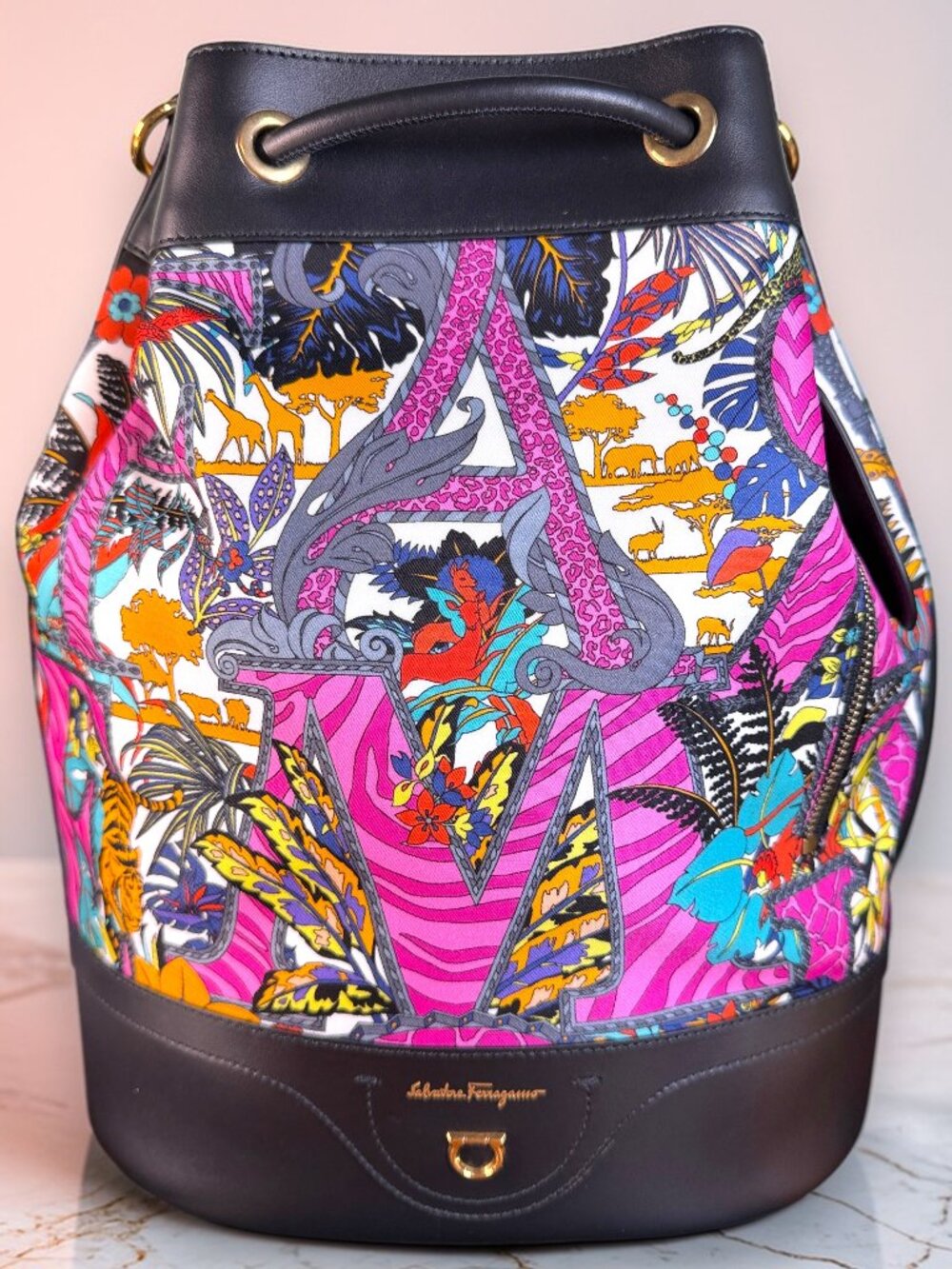 Salvatore Ferragamo Gancini Safari Nylon & Leather Bucket Backpack with BOX  NEW - Picture 3 of 17